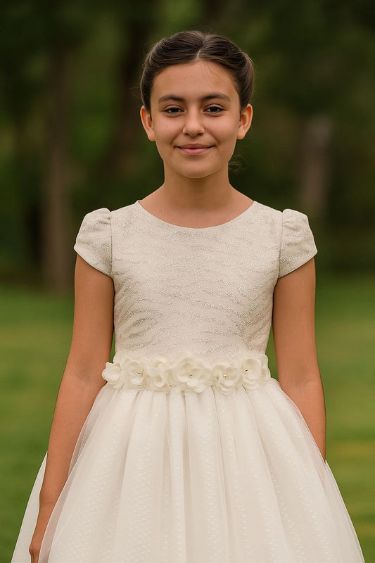 Vestido de Primera Comunión “Macarena” – Con brillos, Manga Corta