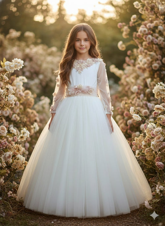 Vestido de Primera Comunión “Yassel” – Tul bordado con flores rosas, Manga Larga