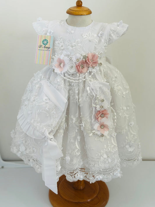 Vestido Bautizo de niña blanco con rosa - Ceremonias Anny
