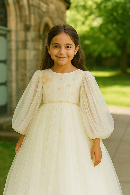 Vestido Primera Comunión "Luz Celestial" – Tul Suave, Corte Princesa y Detalles Delicados