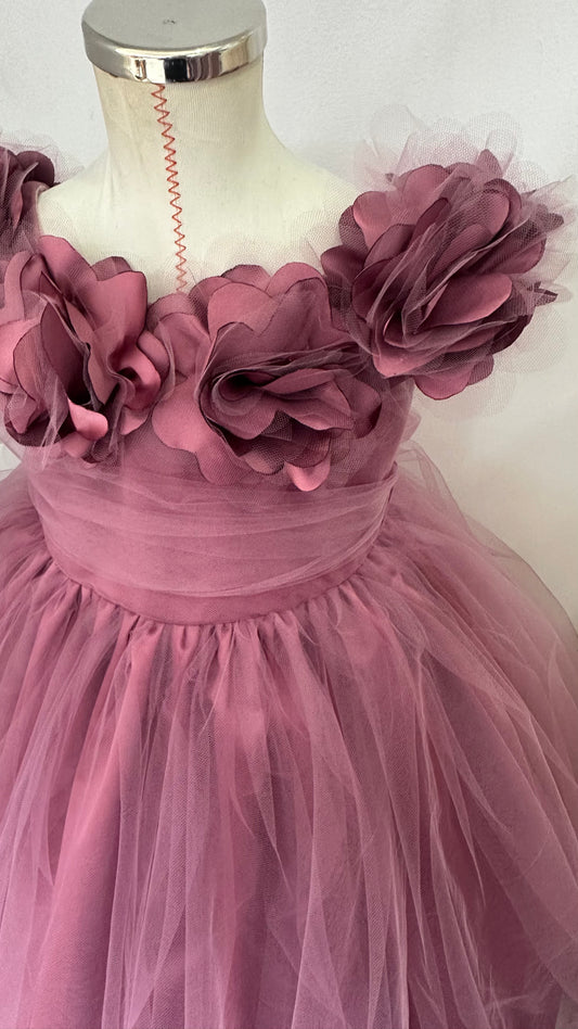 Vestido de fiesta para niña tul rosa elegante con flores