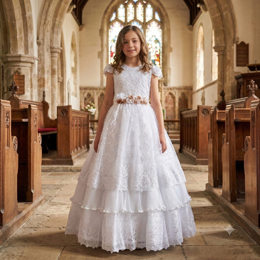 Vestido de Primera Comunión "Victoria" – Encanto Barroco y Manga Corta- 1374