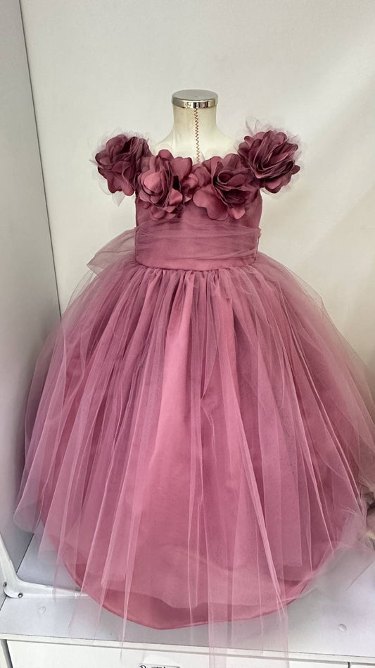 Vestido de fiesta para niña tul rosa elegante con flores