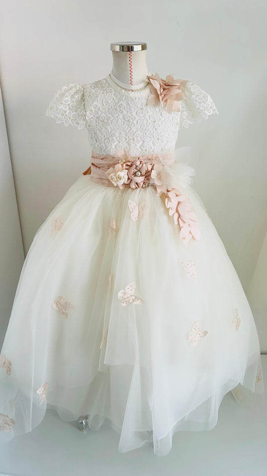 Vestido de encaje bordado para niñas manga corta