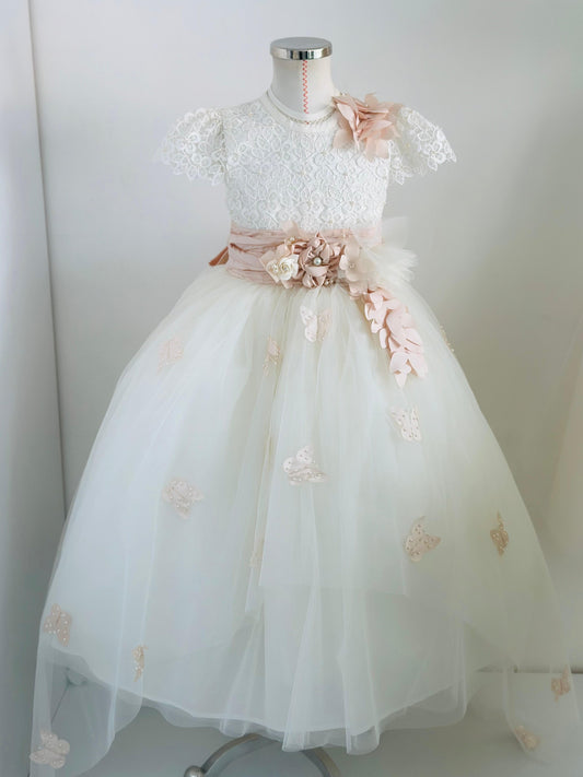 Vestido de encaje bordado para niñas manga corta