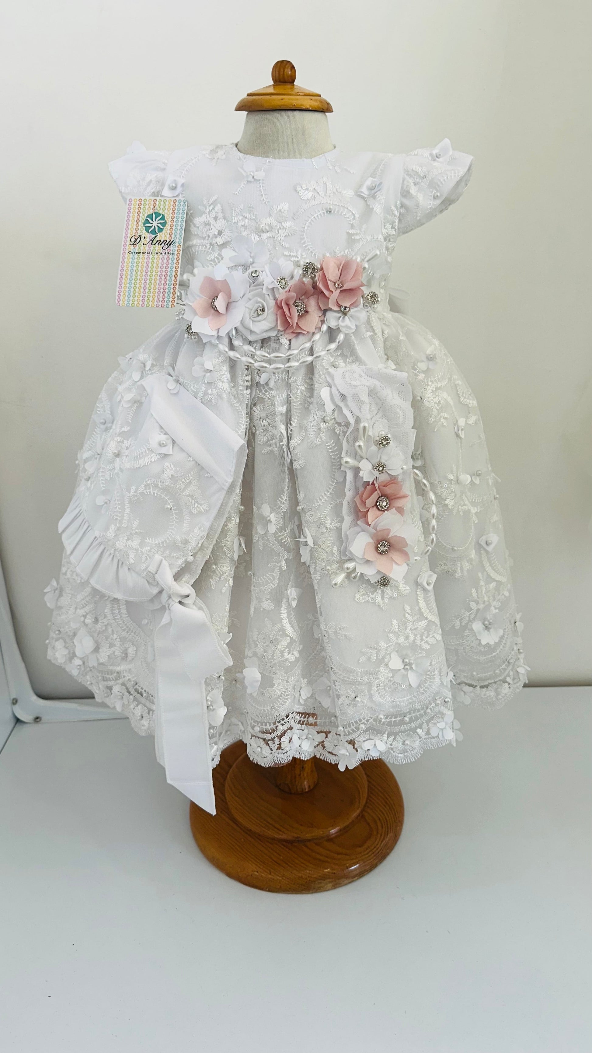 Vestido Bautizo de niña blanco con rosa - Ceremonias Anny