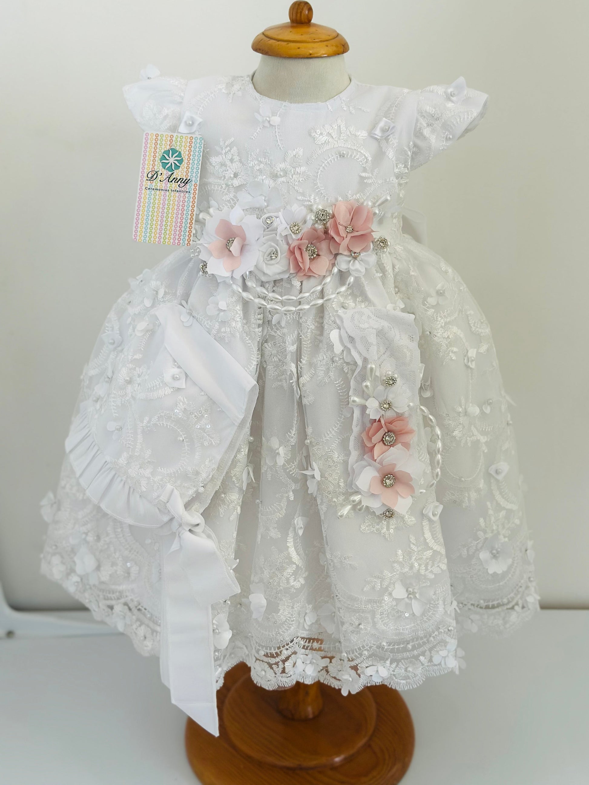 Vestido Bautizo de niña blanco con rosa - Ceremonias Anny