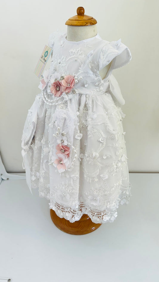 Vestido Bautizo de niña blanco con rosa - Ceremonias Anny