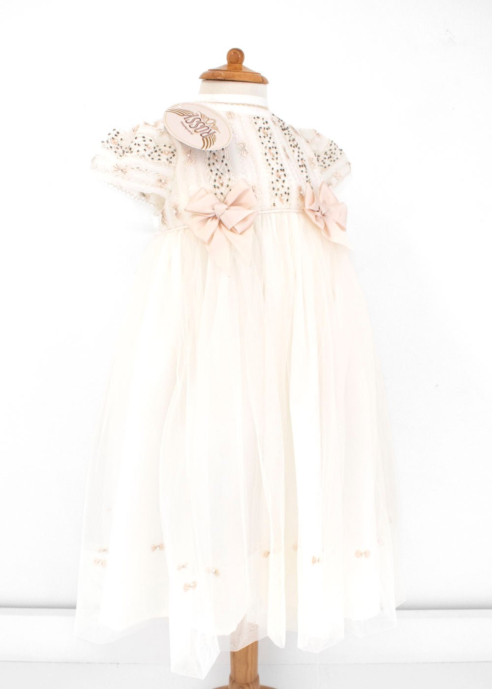 Ropon para Bautizo con Tul, Lentejuelas y moños . Aura - Ceremonias Anny